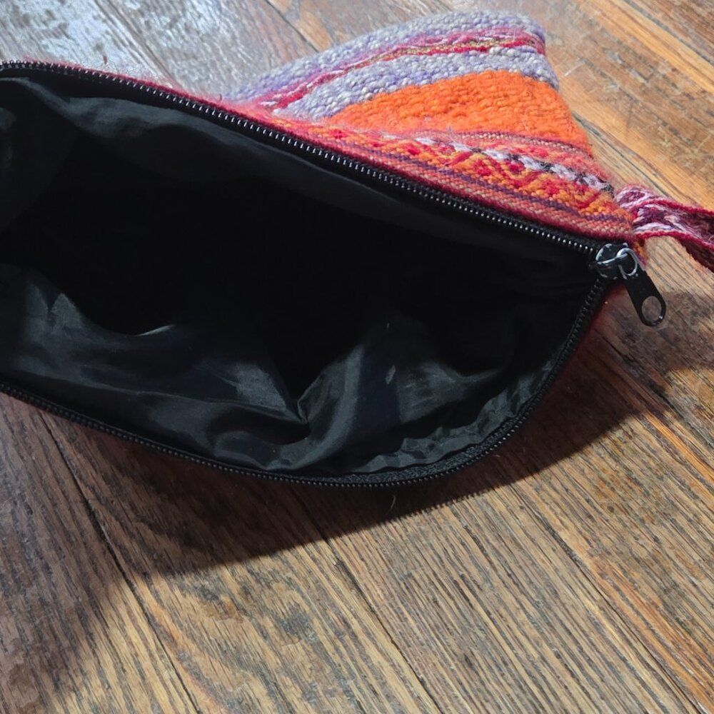 Handmade Woven Boho Wool Wristlet Pouch – Orange & Purple Tribal Pattern - Picture 6 of 6